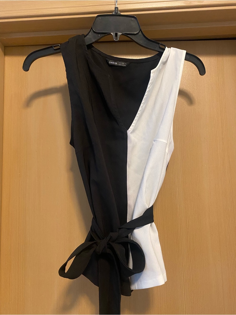 SHEIN Black & White One-Shoulder Wrap Top